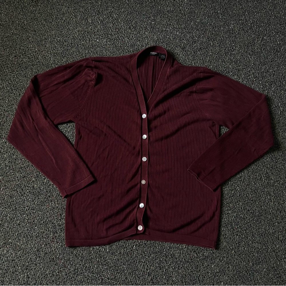 Maroon Burgundy Vintage 100% Silk Cardigan Ribbed Modest Long-Sleeve Sweater S - Picture 3 of 16